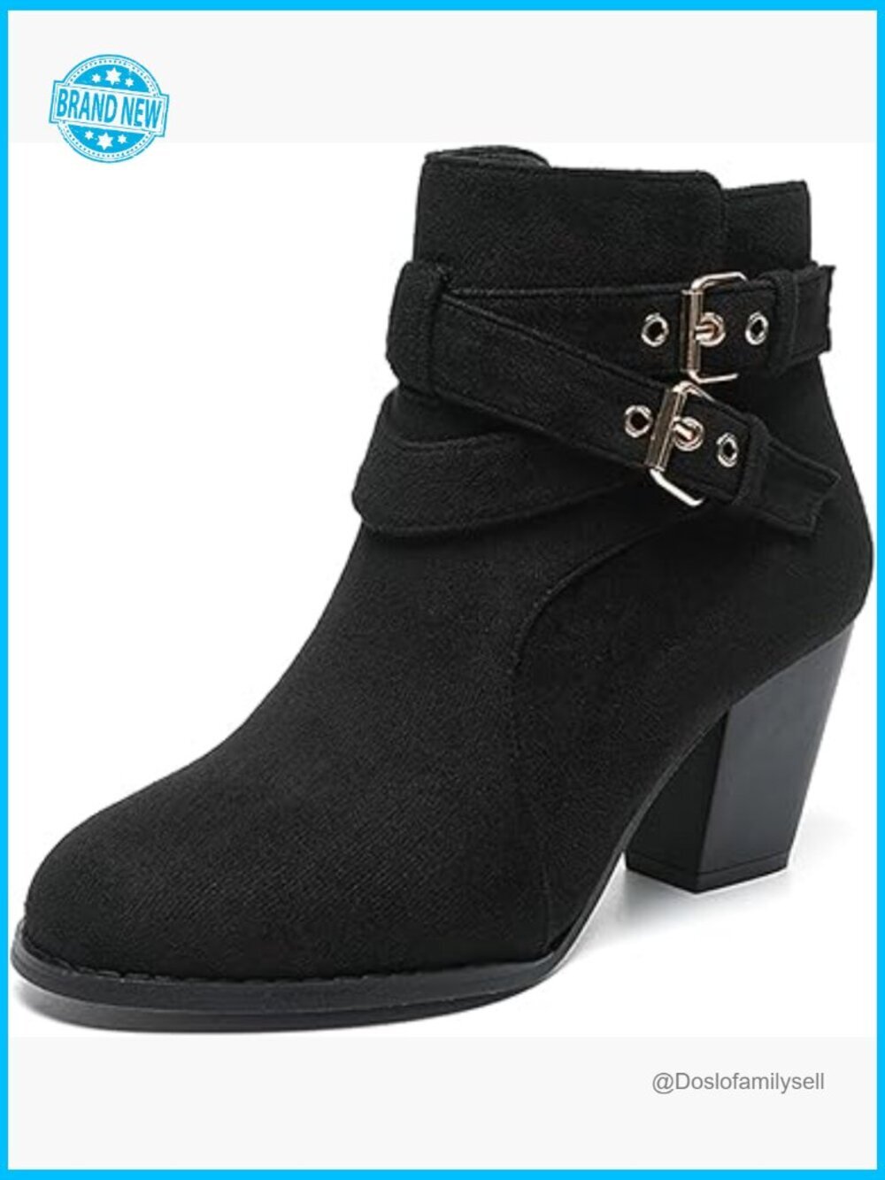 Chunky Heel Suede Ankle Boots Adjustable Double Buckle Side Zip Block Heel Fall